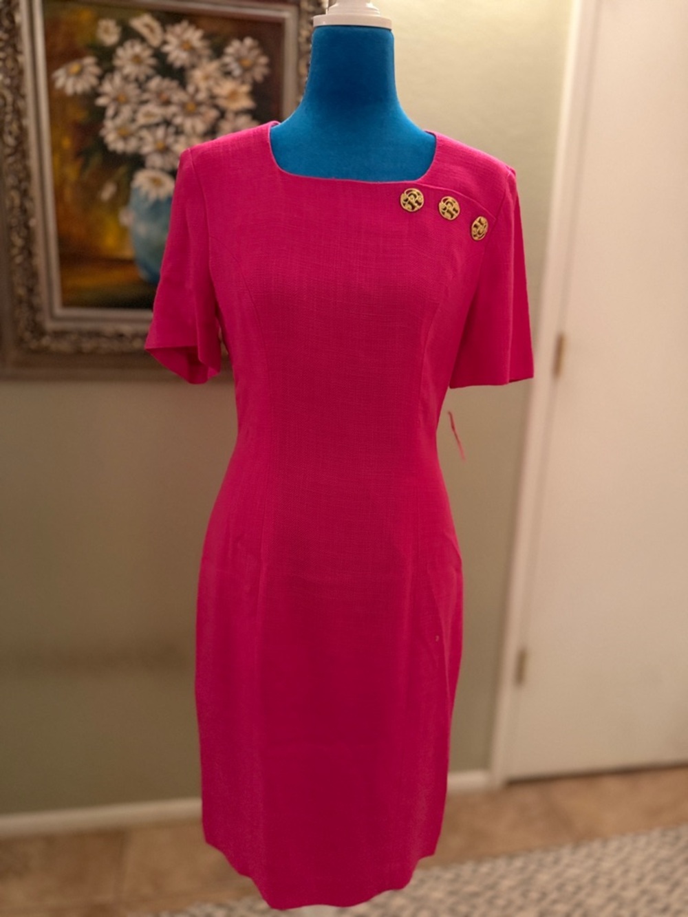 Vintage Talbots Hot Pink Short-Sleeve Sheath Dress with Decorative Buttons